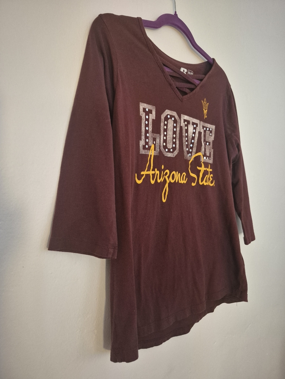 ASU XL Maroon Top Shirt Back Criss Cross Sparkle & Print - Picture 4 of 6